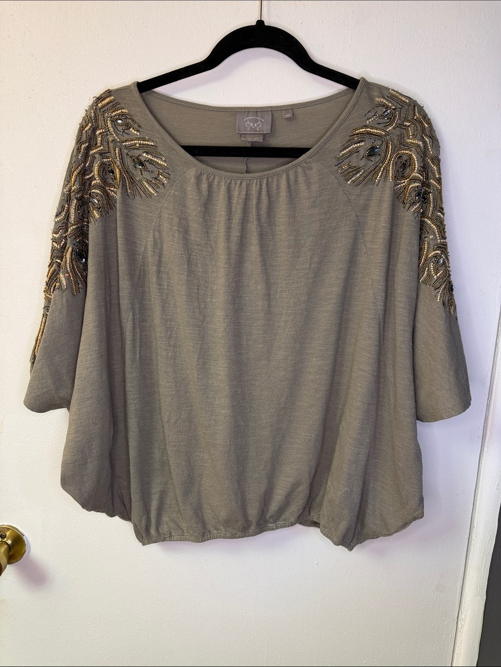 Anthropologie Beaded Shoulder Olive Dolman Sleeve Top